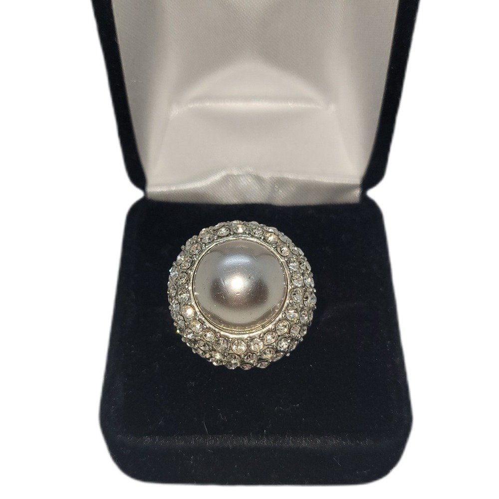 Gray Faux Pearl Rhinestone Statement Cocktail Ring Silver Tone Vtg Style SKUJ058